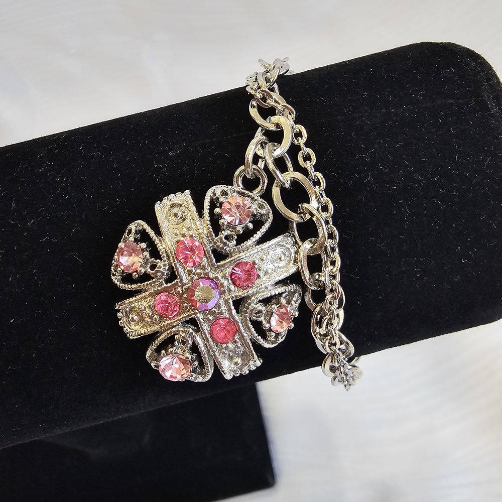 Charm bracelet toggle double chain  Silver plated with Pink Australian Crystals